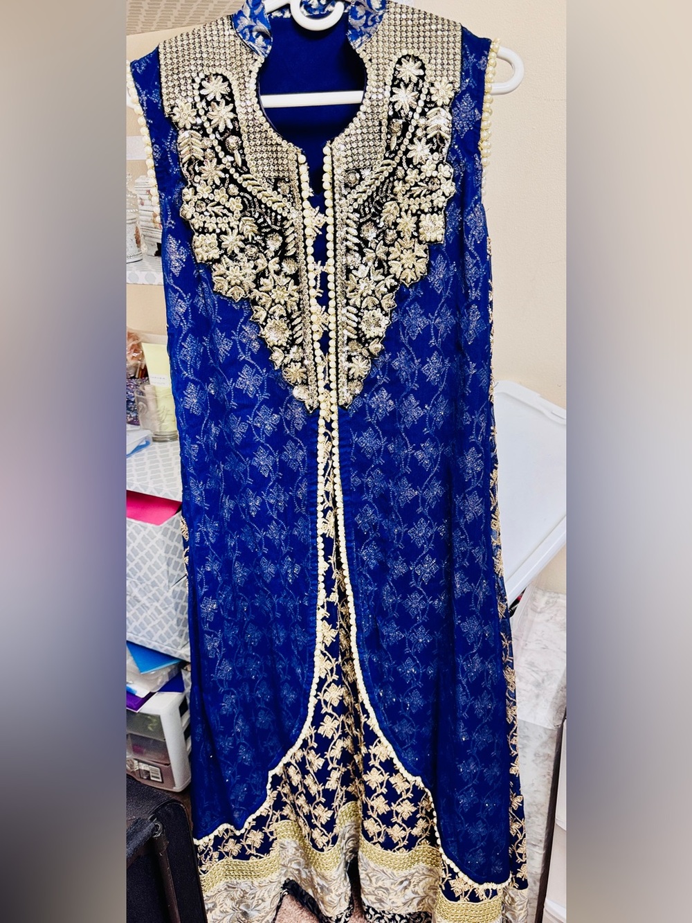 Embroidered Royal Blue Sleeveless Party Dress with Gold Detail chest 40”